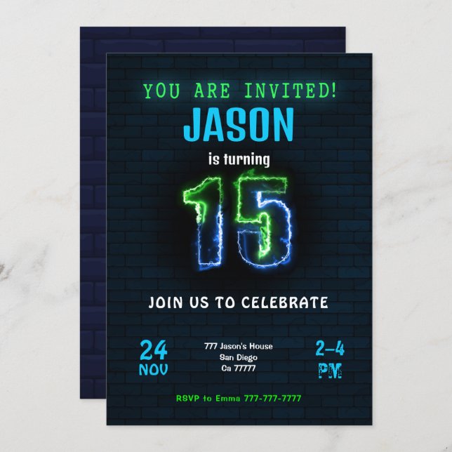 15th Boy Birthday Invitation (Front/Back)