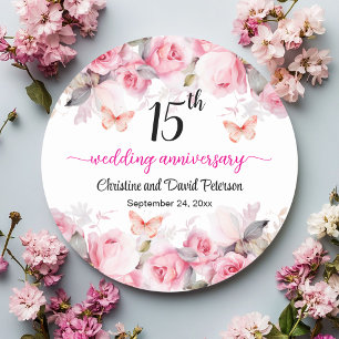 15th Crystal Wedding Anniversary Blush Roses Classic Round Sticker