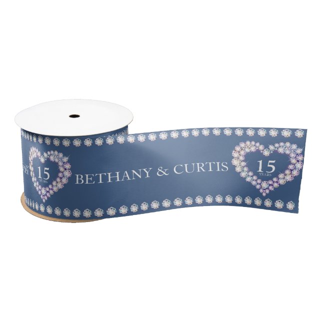 15th crystal wedding anniversary custom heart satin ribbon (Spool)