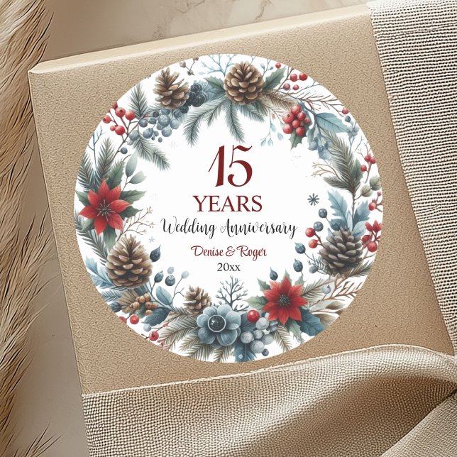 15th Crystal Wedding Anniversary Elegant Winter Classic Round Sticker (Creator Uploaded)