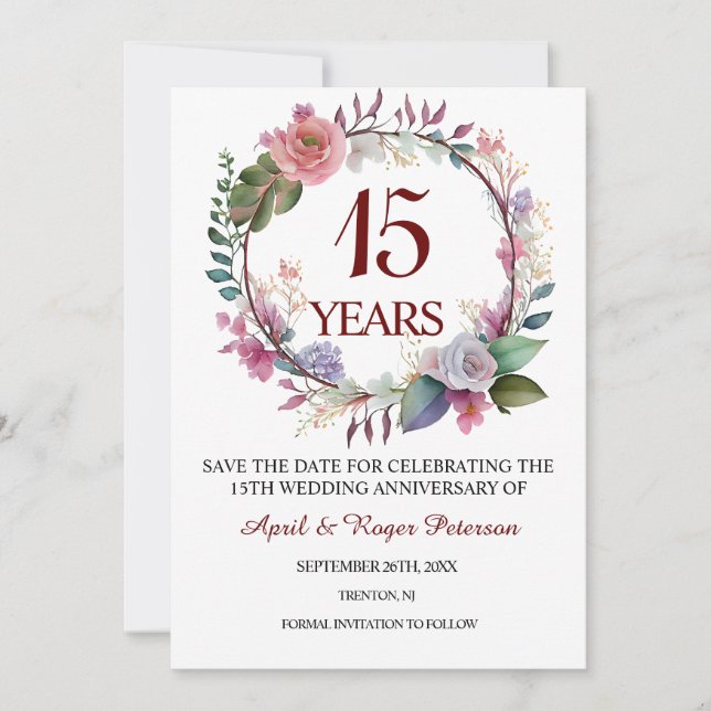 15th Crystal Wedding Anniversary Floral Save The Date (Front)