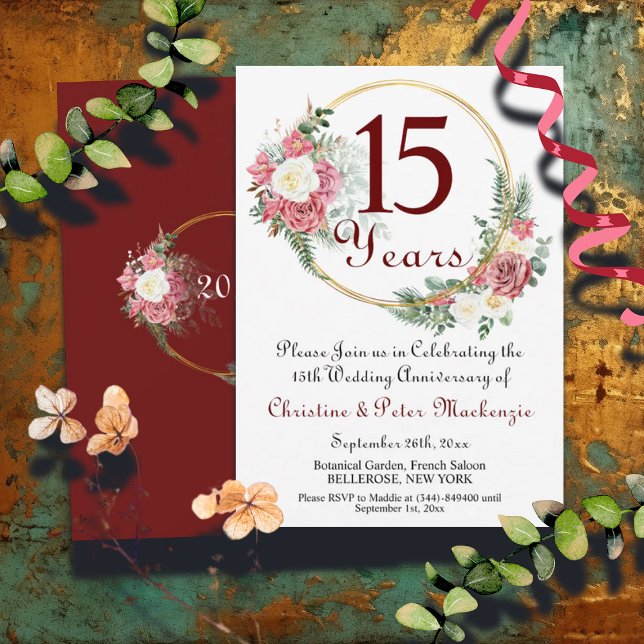 15th Crystal Wedding Anniversary Roses Gold Frame Invitation (Creator Uploaded)