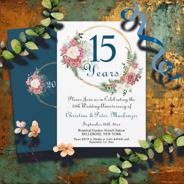 15th Crystal Wedding Anniversary Roses Gold Frame Invitation (Creator Uploaded)