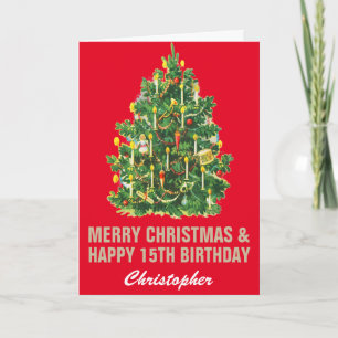 15th Happy Birthday and Merry Christmas Red & Gold Card