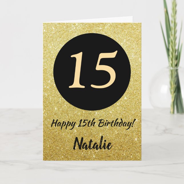 15th Happy Birthday Black and Gold Glitter Card (Front)