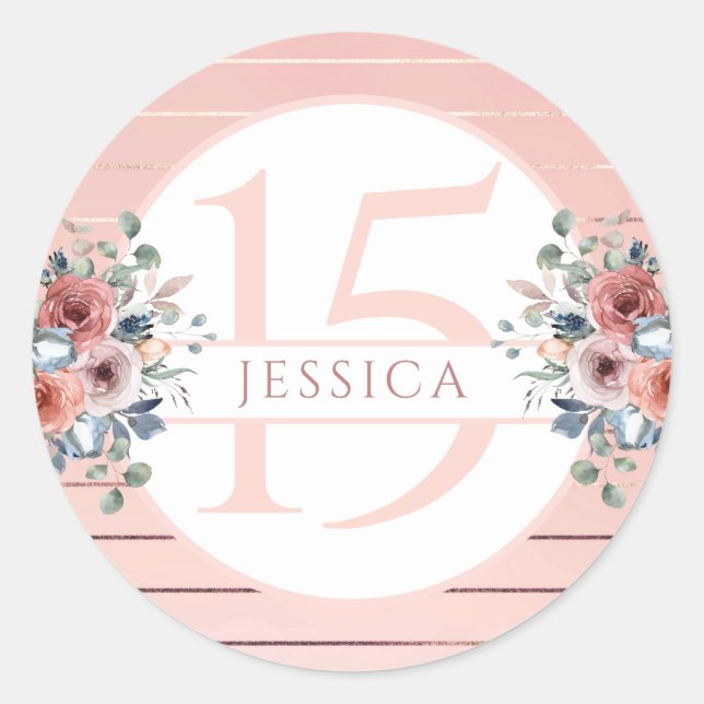 15th (or other) Birthday Blue and Rose Gold Floral Classic Round Sticker (Front)