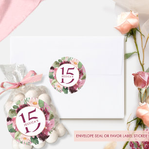 15th (or other) Birthday, Burgundy Maroon Floral  Classic Round Sticker