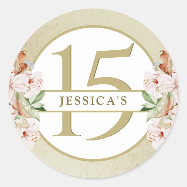 15th (or other) Birthday, Champagne Gold Floral Classic Round Sticker (Front)