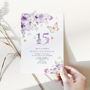 15th Purple Lilac Butterflies birthday Invitation