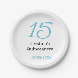 15th quinceanera birthday blue black bold letter n paper plate