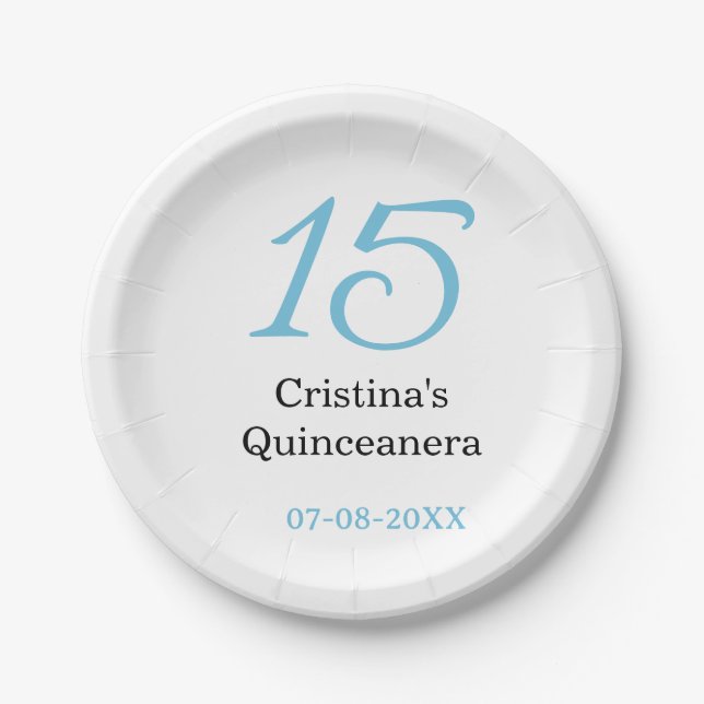 15th quinceanera birthday blue black bold letter n paper plate (Front)