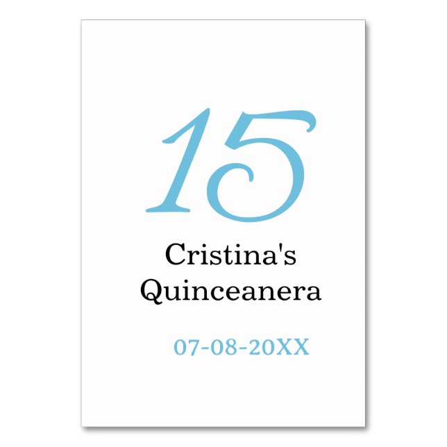 15th quinceanera birthday blue black bold letter n table number (Front)