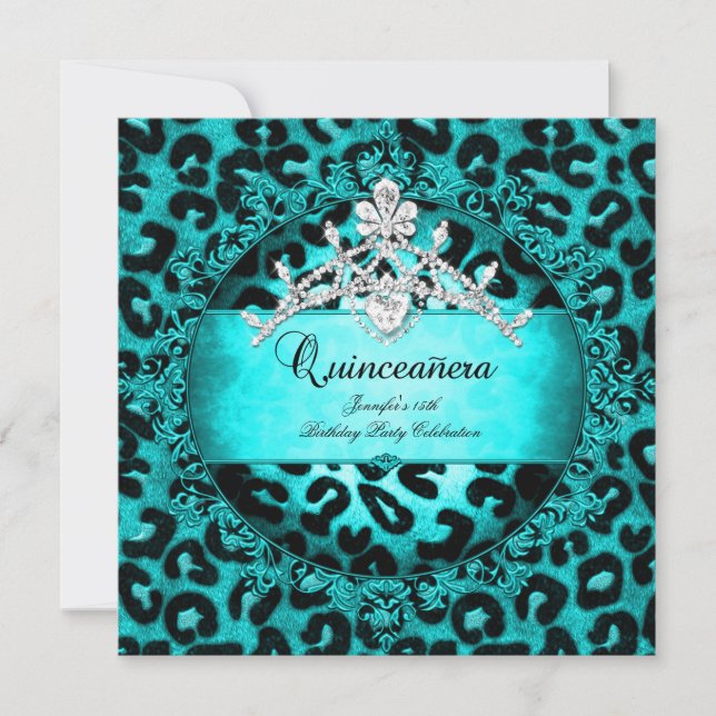15th Quinceanera Leopard teal blue Tiara Invitation (Front)