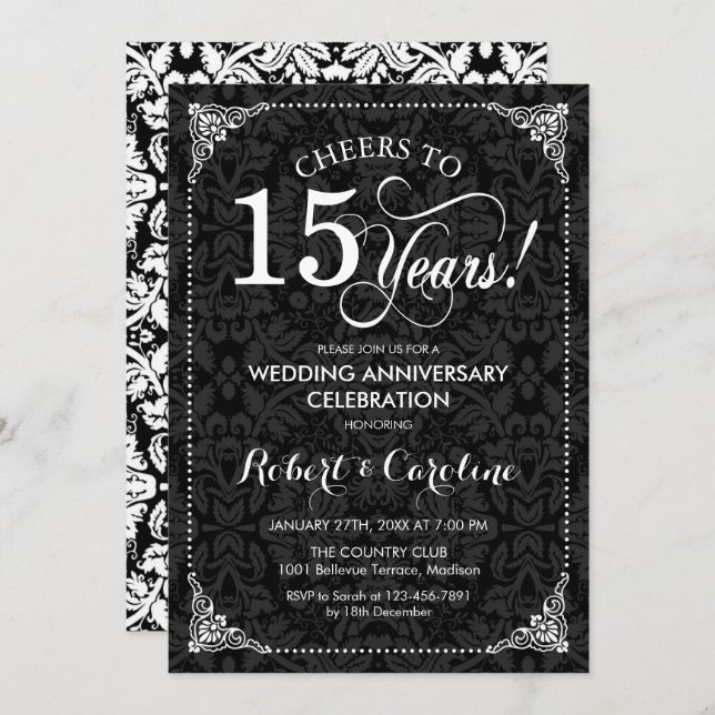 15th Wedding Anniversary - Black White Damask Invitation (Front/Back)