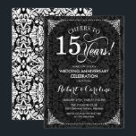 15th Wedding Anniversary - Black White Damask Invitation<br><div class="desc">15th Wedding Anniversary Invitation.
Elegant vintage black and white design with damask pattern. Features script font. Cheers to 15 years! Can be personalized into any year of marriage! Message me if you need further customization.</div>