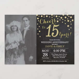 15th Wedding Anniversary Chalkboard Black and Gold Invitation