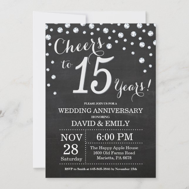 15th Wedding Anniversary Chalkboard Black Silver Invitation (Front)