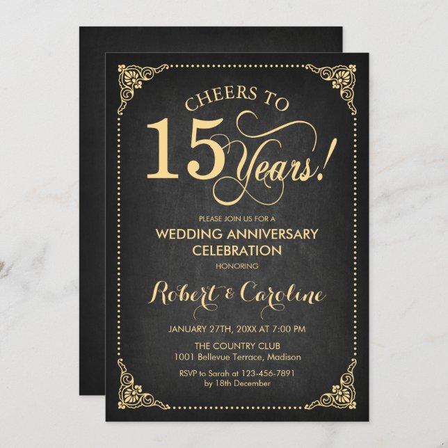 15th Wedding Anniversary - Chalkboard Gold Invitation (Front/Back)