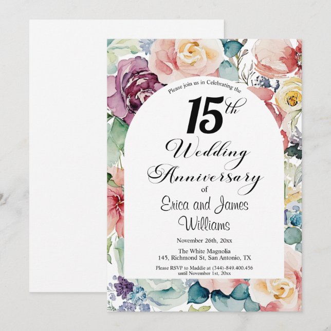 15th Wedding Anniversary Elegant Script Floral Invitation (Front/Back)