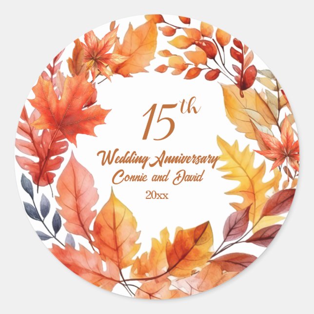 15th Wedding Anniversary Fall Floral Classic Round Sticker (Front)