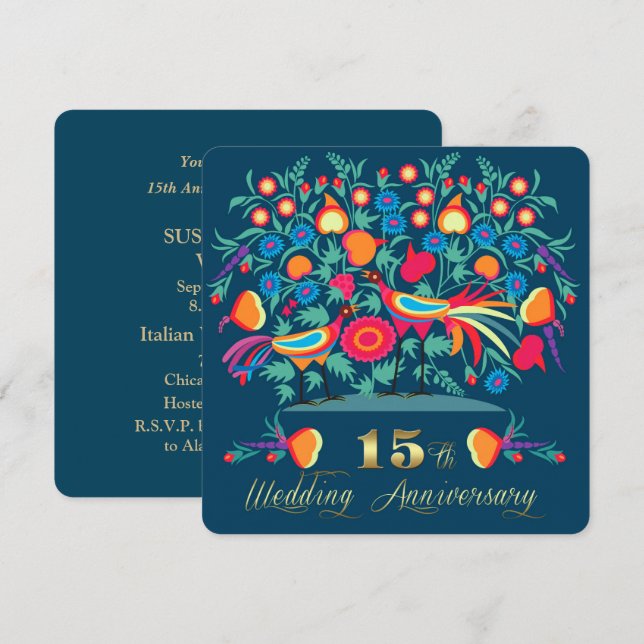15th Wedding Anniversary Folk Art Invitation (Front/Back)
