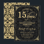 15th Wedding Anniversary - Gold Black Damask Invitation<br><div class="desc">Golden 15th Wedding Anniversary Invitation.
Elegant vintage black and faux gold design with damask pattern. Features script font. Cheers to 15 years! Can be personalized into any year of marriage! Message me if you need further customization.</div>