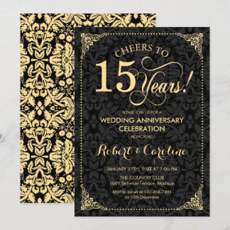 15th Wedding Anniversary - Gold Black Damask Invitation