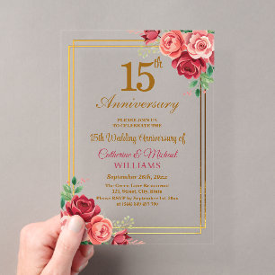 15th Wedding Anniversary Gold Frame Floral Acrylic Invitations