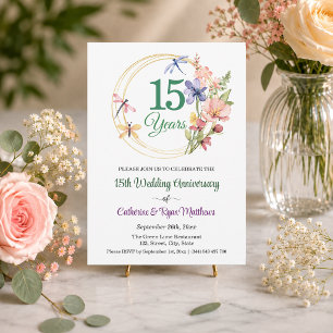 15th Wedding Anniversary Gold Frame Floral Invitation