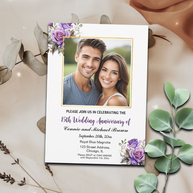 15th Wedding Anniversary Gold Frame Purple Roses Invitation (Creator Uploaded)