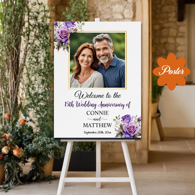 15th Wedding Anniversary Gold Frame Purple Roses Poster (Creator Uploaded)