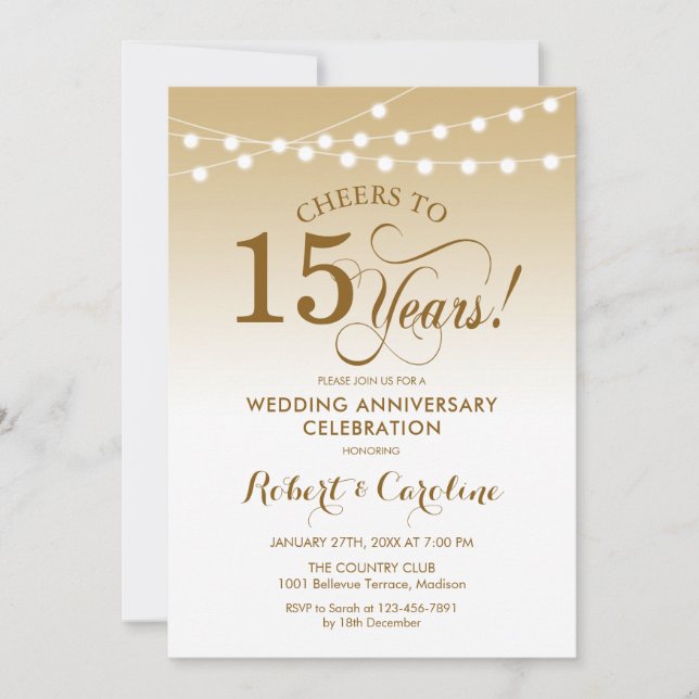 15th Wedding Anniversary - Gold White Invitation (Front)