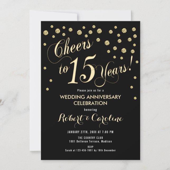 15th Wedding Anniversary Invitation - Black & Gold (Front)