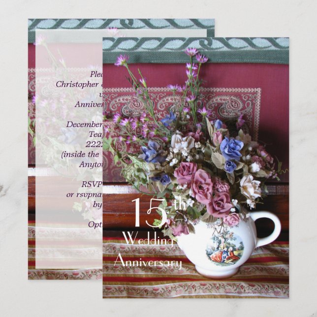 15th Wedding Anniversary Invitation Vintage Teapot (Front/Back)