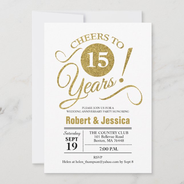 15th Wedding Anniversary Party - Gold White Invitation (Front)