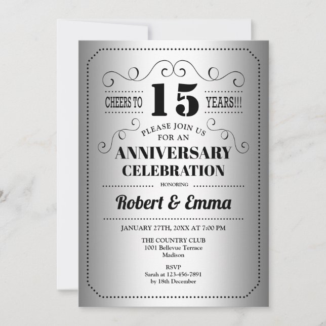 15th Wedding Anniversary Party - Silver Black Invitation (Front)