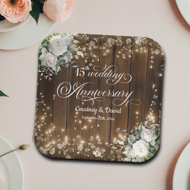 15th Wedding Anniversary Rustic String Lights  Paper Plate (Creator Uploaded)