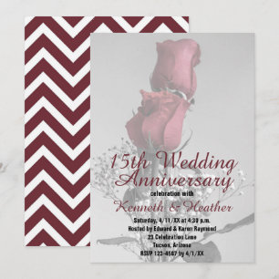 15th Wedding Anniversary Two Red Roses Photograph Invitation