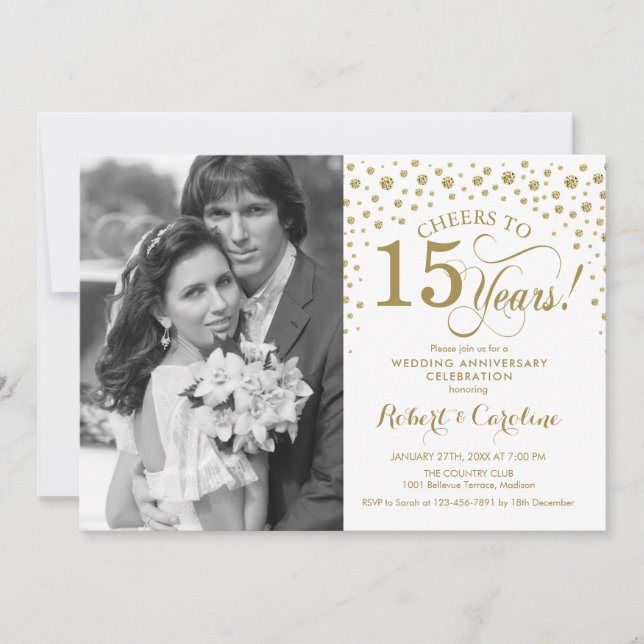 15th Wedding Anniversary with Photo - Gold White Invitation (Front)