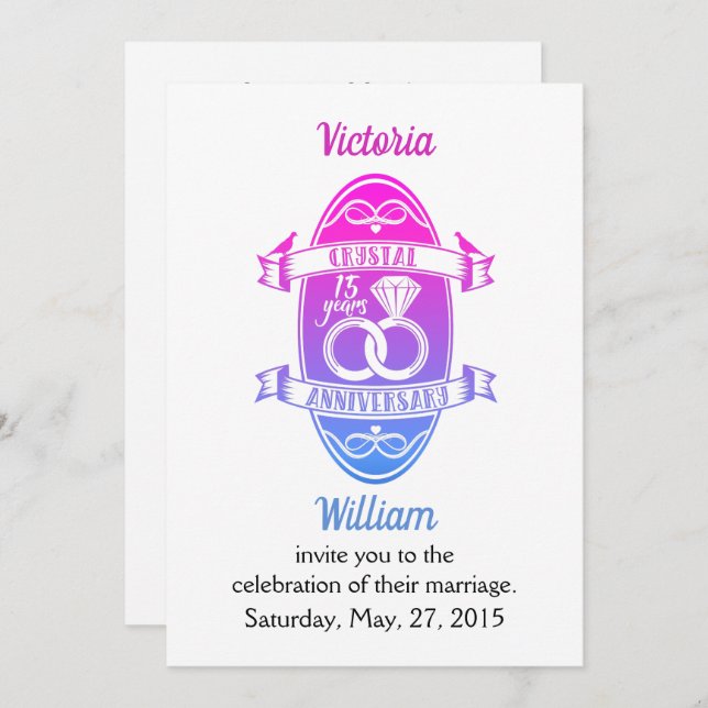 15th Year traditional crystal wedding anniversary Invitation (Front/Back)