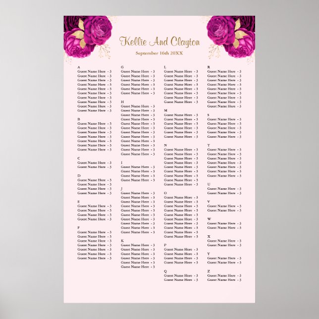 160 Pink And Gold Floral Wedding Seating Chart (Front)