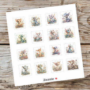 16 Baby Dragons with flowers Stickers