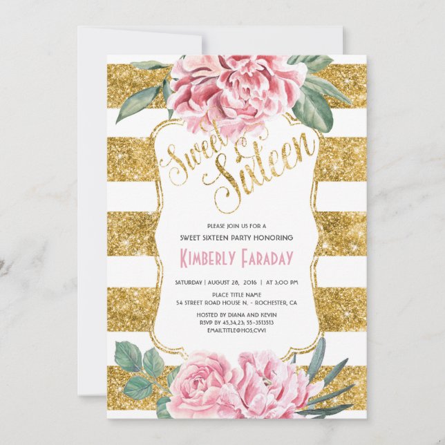 16 Birthday Party - Sweet Sixteen Gold Glitter Invitation (Front)