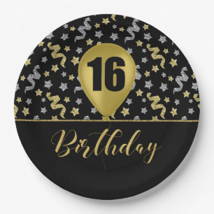 16 Gold Birthday Ballon on Black Gold Confetti Paper Plate