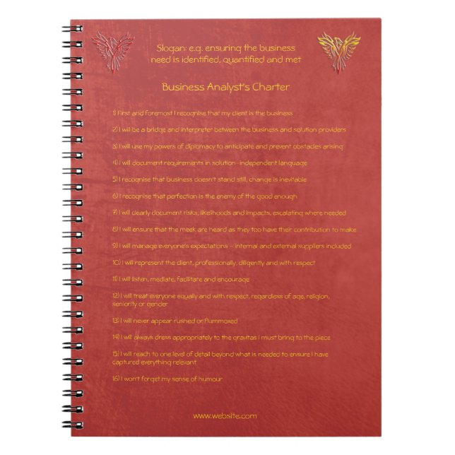 16 golden rules of the Business Analyst Charter Notebook (Front)