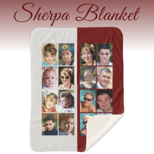 16 photo collage burgundy and grey sherpa blanket