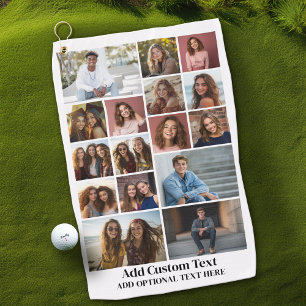 16 Photo Collage - Custom Text - Black and White Golf Towel