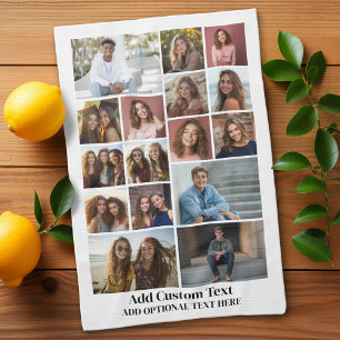 16 Photo Collage - Custom Text - Black and White Tea Towel
