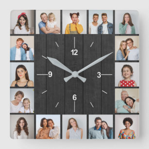 16 Photo Collage Dark Grey Wood Fence Square Wall Clock