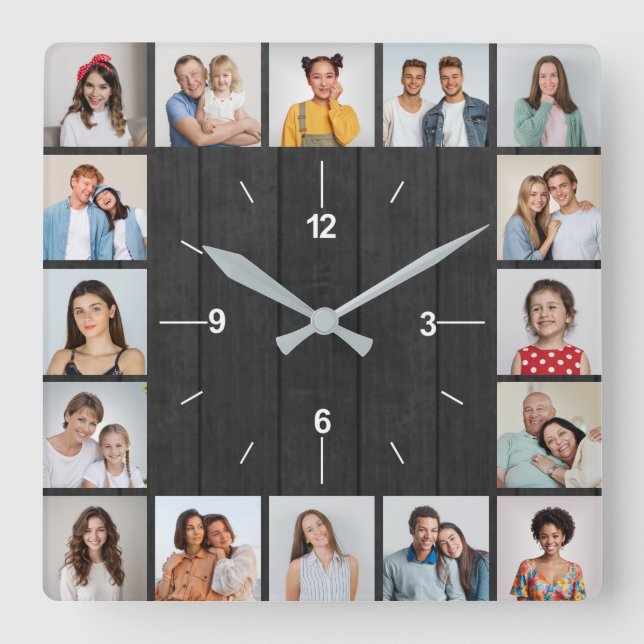 16 Photo Collage Dark Grey Wood Fence Square Wall Clock (Front)